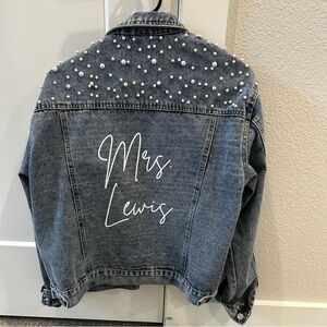 Mrs Lewis Jean Jacket with Pearls Size Large Bachelorette Wedding